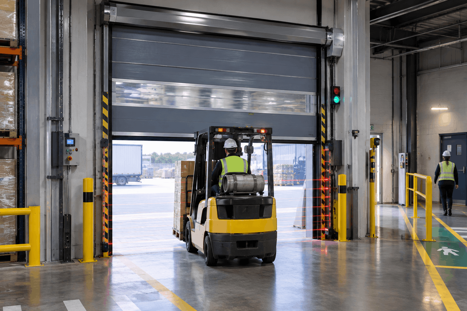 Automated door safety features at an industrial factory entrance