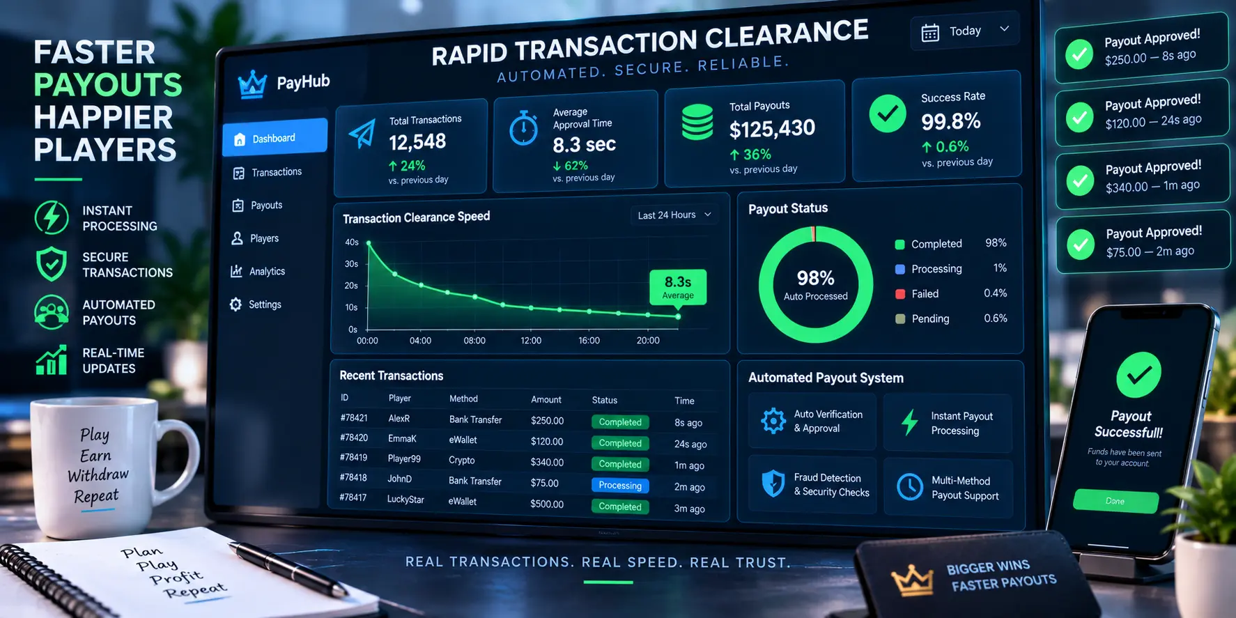 Digital financial dashboard showing rapid transaction clearance approval speeds
