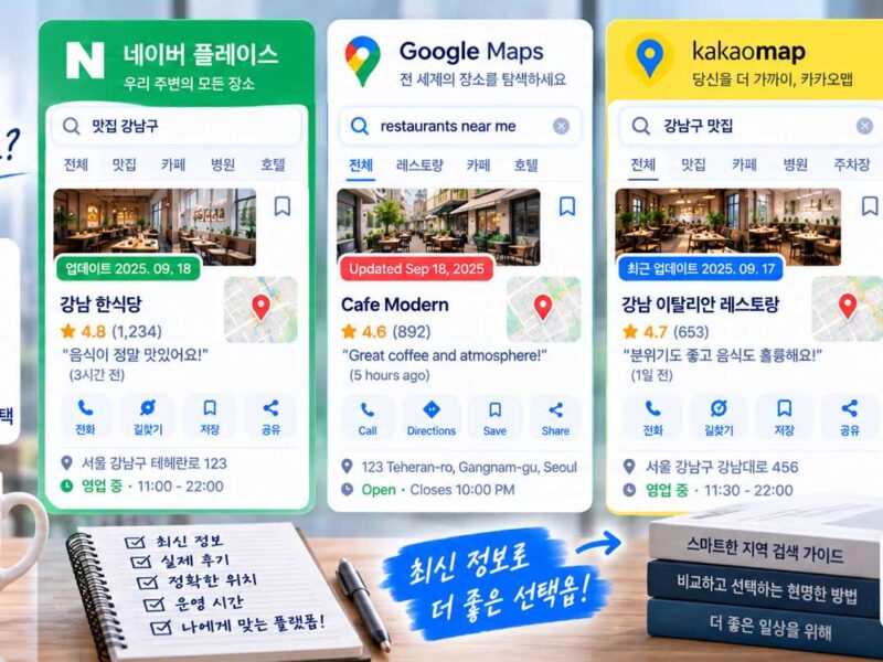 최신성 기반 플랫폼 선택 플레이스에서 업데이트 정보와 최근 후기를 비교하는 화면