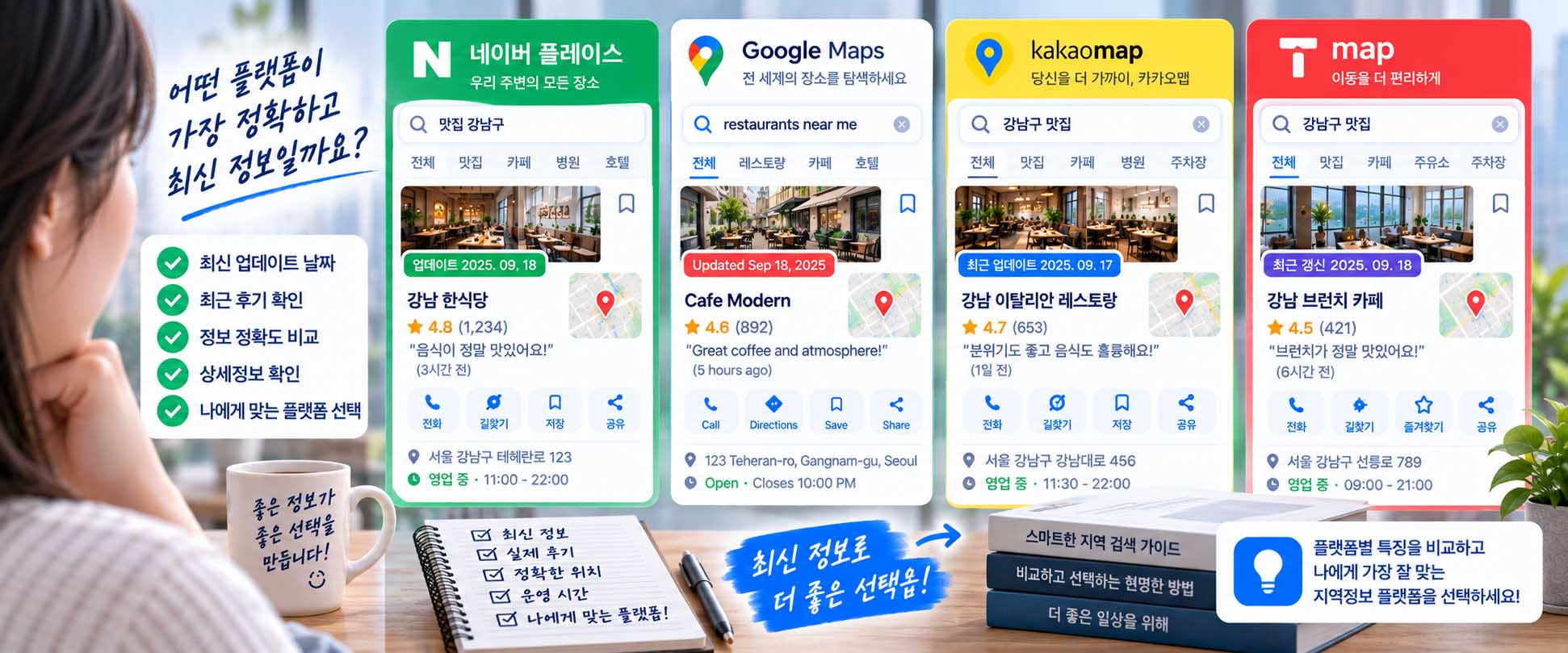 최신성 기반 플랫폼 선택 플레이스에서 업데이트 정보와 최근 후기를 비교하는 화면