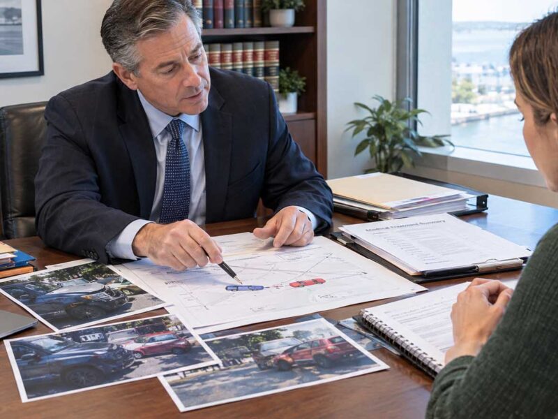Attorney explaining causation in personal injury cases using an accident diagram and medical records.