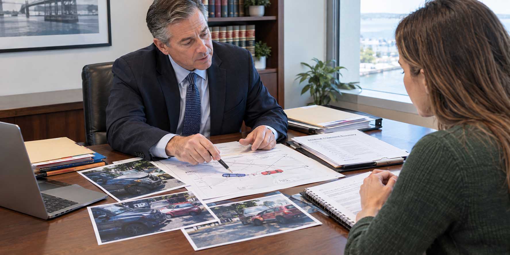 Attorney explaining causation in personal injury cases using an accident diagram and medical records.